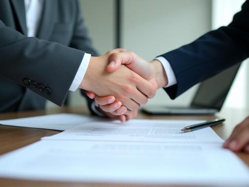 Two business professionals shaking hands over documents